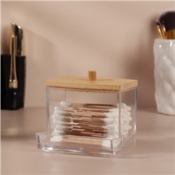 Органайзер для ватных палочек «BAMBOO», с крышкой, 9×7.5×7 см, прозрачный, коричневый