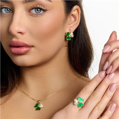 Комплект ювелирной бижутерии Итальянское золото (покрытие желтое 14к), серьги, кулон и кольцо 18 р, вставка: искусственный перламутр и цирконы, цвет: зеленый и прозрачный, арт.217.523-18