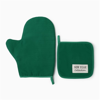 Набор кухонный «Этель» New year collection цвет зелёный, варежка 18×29 см, прихватка 19×19 см,100% хлопок