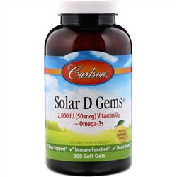 Carlson Labs, Solar D Gems, витамин D3 + омега-3 кислоты, натуральный лимонный вкус, 2000 МЕ, 360 мягких таблеток