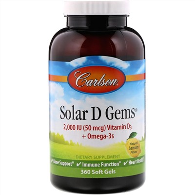 Carlson Labs, Solar D Gems, витамин D3 + омега-3 кислоты, натуральный лимонный вкус, 2000 МЕ, 360 мягких таблеток
