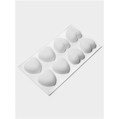 Форма для муссовых десертов и выпечки KONFINETTA «Сердца», 30×17.5×3 см, 8 ячеек (6.2×6 см), силикон, белая