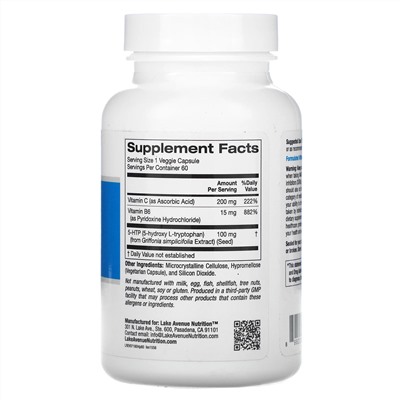 Lake Avenue Nutrition, 5-гидрокситриптофан с витаминами B6 и C, 60 вегетарианских капсул