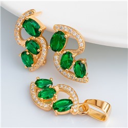 Комплект ювелирной бижутерии коллекция "Дубай" серьги и кулон, покрытие позолота, вставка: фианиты и цирконы, цвет: зеленый и прозрачный, арт.414.030