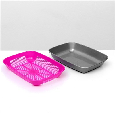 Туалет для кошек, 33.5×25×6 с, округлый, с сеткой, пластик, маджента, серый