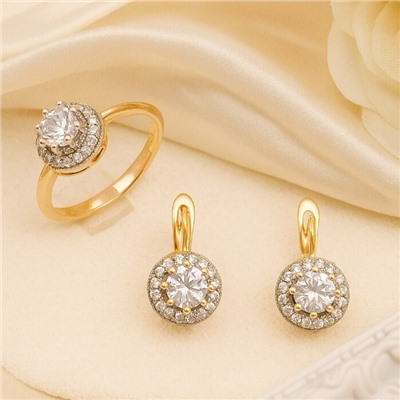 Комплект ювелирной бижутерии коллекция "Дубай" серьги и кольцо 17 р, покрытие позолота, вставка: фианиты, цвет: прозрачный, арт.216.402-17