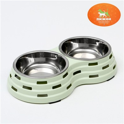 Миска металлическая двойная на пластиковом основании 2×160 мл, 25×14×5 см, зелёная