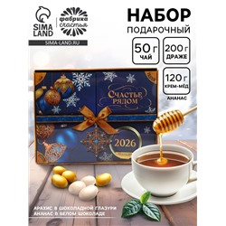 Подарочный набор новогодний «Счастье рядом»: чай чёрный, арахис в шоколаде, ананас в шоколаде, крем-мёд