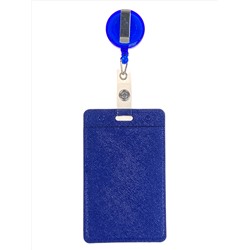Бейдж с лентой на рулетке вертикальный, цвет синий