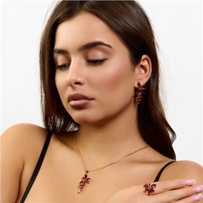 Комплект ювелирной бижутерии коллекция "Дубай" серьги, кулон и кольцо 20 р, покрытие позолота, вставка: фианиты, цвет: красный, арт.414.362-20