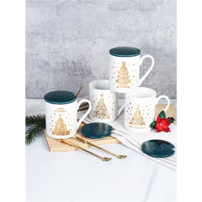 Кружка новогодняя с крышкой, ложка/300 мл/ HB-A2099 /уп 60/