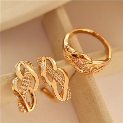 Комплект ювелирной бижутерии коллекция "Дубай" серьги и кольцо 18 р, покрытие позолота, вставка: цирконы, цвет: прозрачный, арт.414.069-18