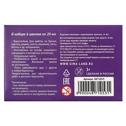 Краска акриловая, набор 6 цветов х 20 мл, Calligrata, художественная, морозостойкая, в картонной коробке