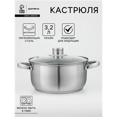 Кастрюля Доляна «Сильве», 3.2 л, d=20 см, капсульное дно, индукция, нержавеющая сталь