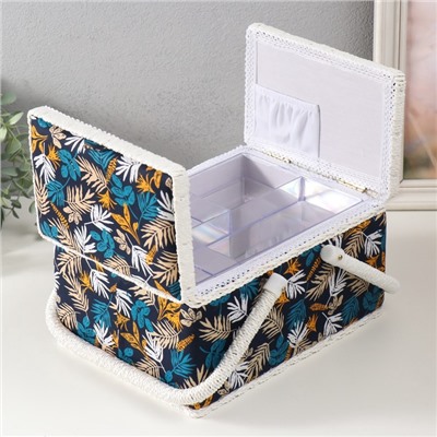 Шкатулка для рукоделия и шитья «Лесные веточки на синем», хранение ниток, иголок, мелочи, 19×26×14.5 см