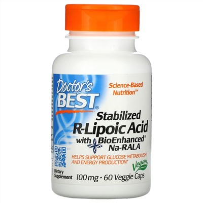 Doctor's Best, стабилизированная R-липоевая кислота с BioEnhanced Na-RALA, 100 мг, 60 растительных капсул