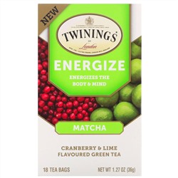 Twinings, Энергетический травяной чай, матча, клюква и лайм, 18 чайных пакетиков, 1,27 унции (36 г)