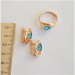 Комплект коллекция "Дубай", покрытие позолота с камнем, цвет голубой серьги, кольцо р-р 17, Е6163, арт.747.969