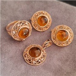 Комплект ювелирная бижутерия коллекция  "Дубай", серьги, кольцо и кулон, покрытие: позолота, вставка: иск. янтарь, р-р. 20, арт. 314.462-20