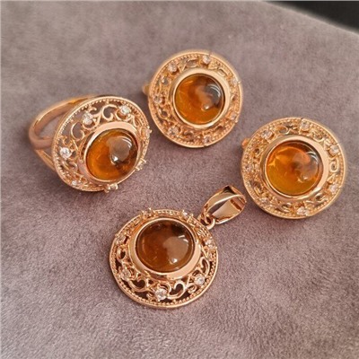 Комплект ювелирная бижутерия коллекция  "Дубай", серьги, кольцо и кулон, покрытие: позолота, вставка: иск. янтарь, р-р. 20, арт. 314.462-20