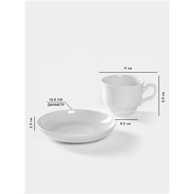 Чайная пара Добрушский завод «Бельё», 2 предмета: чашка 240 мл, блюдце d=14.8 см, фарфор, белая