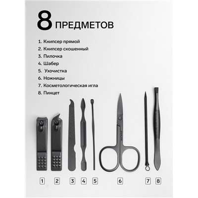 Набор маникюрный Black, 8 предметов, в футляре, чёрный