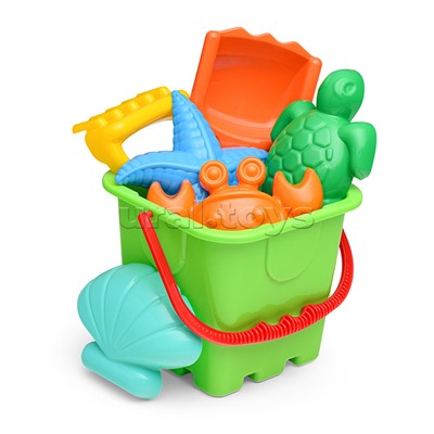 Набор №290: ведро-крепость большое, совок №8, грабельки №8, формочки (краб №2 + морская звезда №2 + ракушка №2 + черепаха)