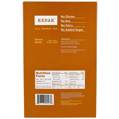 RXBAR, Protein Bar, Peanut Butter, 12 Bars, 1.83 oz (52 g) Each