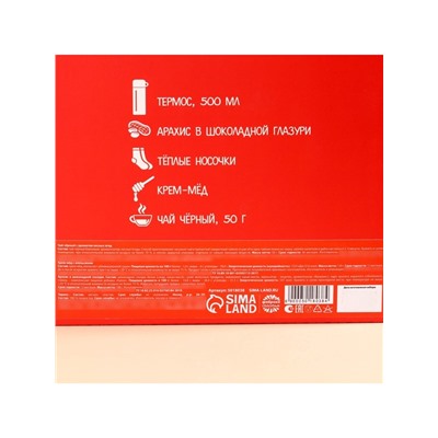УЦЕНКА подарочный набор новогодний «С Новым годом», чай 50 г, крем-мед 120 г, носки 36-39 р, термос 500 мл, арахис в глазури 100 г