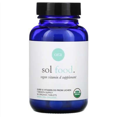 Ora, Sol Food, Vegan Vitamin D3 Supplement, 2,000 IU, 30 Organic Tablets