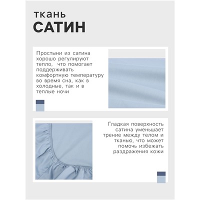 Простыня на резинке 2-спальная «Этель», 180×200+25 см, голубая, сатин