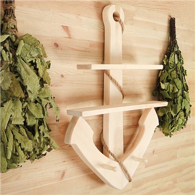 Полка - вешалка для бани и сауны «Якорь», деревянная, настенная, 2 крючка, «Добропаровъ»