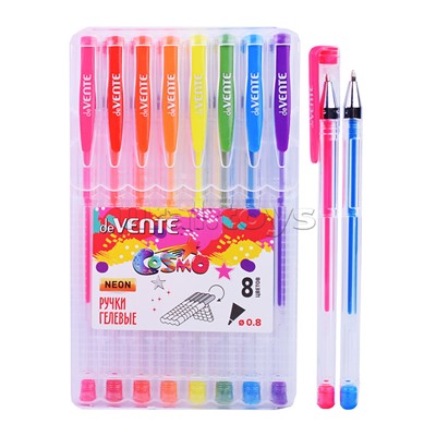 Набор ручек гелевых "Cosmo Fluo" 8 флуоресцентных неоновых цветов, d=0,8 мм, прозрачный корпус с металлическим наконечником, сменный стержень, в пластиковой коробке с подвесом