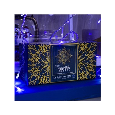 Гирлянда «Бахрома» 3×0.6 м, IP44, УМС, прозрачная нить, 160 LED, свечение синее, мерцание белым, 220 В