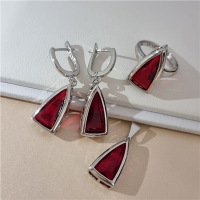 Комплект ювелирной бижутерии коллекция "Дубай" серьги, кулон и кольцо 17 р, покрытие посеребрение, вставка: стекло, цвет: красный, арт.313.443-17