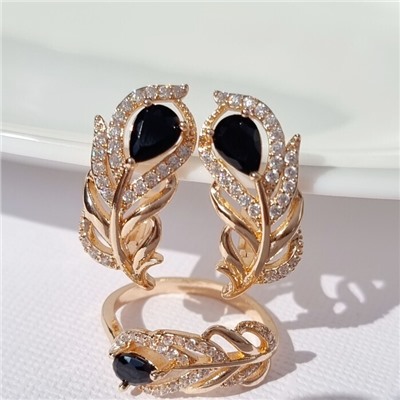 Комплект ювелирная бижутерия коллекция  "Дубай" серьги и кольцо 17 р, покрытие: позолота, вставка: фианиты, цвет: черный и прозрачный, арт.217.302-17