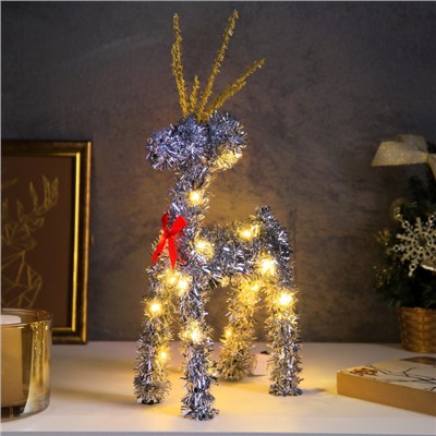 Светодиодная фигура из мишуры «Олень серебристый» 34×16 см, 20 LED, батарейки AG10×3 (в комплекте), свечение тёплое белое