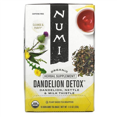 Numi Tea, Organic, Dandelion Detox, Caffeine Free, 16 Non-GMO Tea Bags, 1.13 oz (32 g)