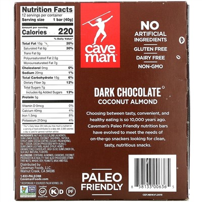 Caveman Foods, Nutrition Bars, Dark Chocolate Coconut Almond, 12 Bars, 1.41 oz (40 g) Each