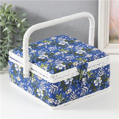 Шкатулка для рукоделия и шитья «Полевые цветы на синем», хранение ниток, иголок, мелочи, 20×20×11 см