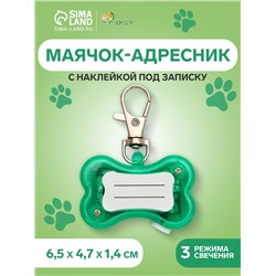 Маячок-адресник «Косточка», с наклейкой под записку, 3 режима свечения, пластик, металл, зелёный