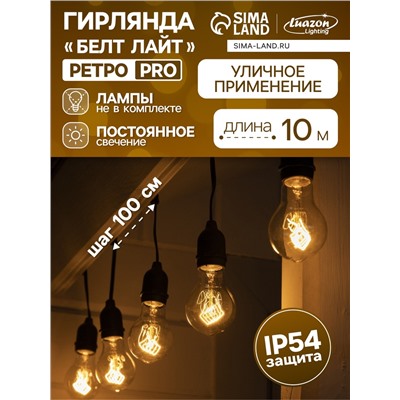 Гирлянда «Ретро белт-лайт» 10 м, IP54, УМС, тёмная нить, шаг 100 см, Е27 (без ламп), 220 В