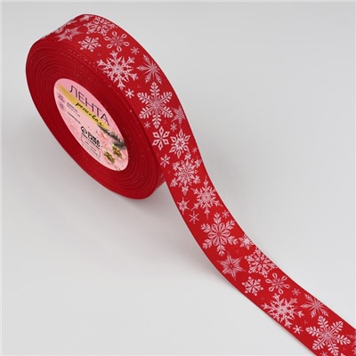 Лента репсовая «Праздничные снежинки», 25 мм, 23±1 м, красная