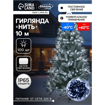 Гирлянда «Нить» 10 м, IP65, УМС, тёмная каучуковая нить, 100 LED, свечение белое, 220 В