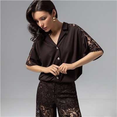 Рубашка, комбинированный с кружевом, Стильное дежавю (горький шоколад)