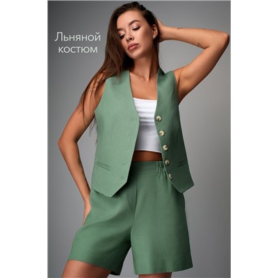 Женский льняной костюм жилет с шортами Happyfox