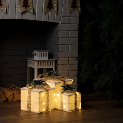 Светодиодная фигура «Подарки с бежевой лентой» 15, 20, 25 см, текстиль, металл, 220 В, свечение тёплое белое