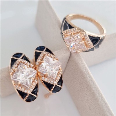 Комплект ювелирной бижутерии Дубайское золото серьги и кольцо, покрытие позолота, вставка: эмаль и фианиты, цвет: черный и прозрачный, р-р 17, арт.314.459-17