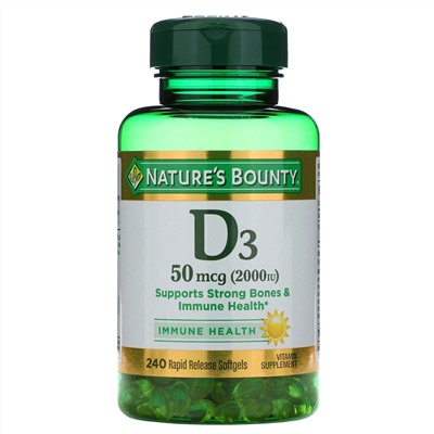 Nature's Bounty, витамин D3, здоровье иммунной системы, 50 мкг (2000 МЕ), 240 капсул быстрого высвобождения