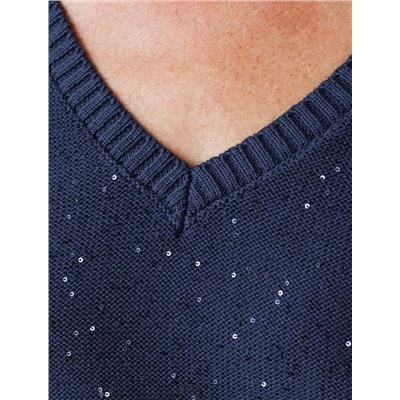 Джемпер с V вырезом и цельнокроенным рукавом из хлопковой пряжи с пайетками